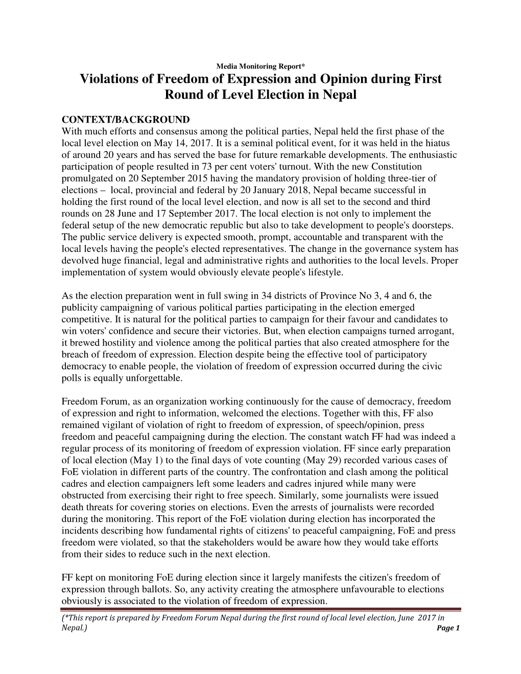 Violations of Freedom of Expression and Opinion During First Round of Level Election in Nepal