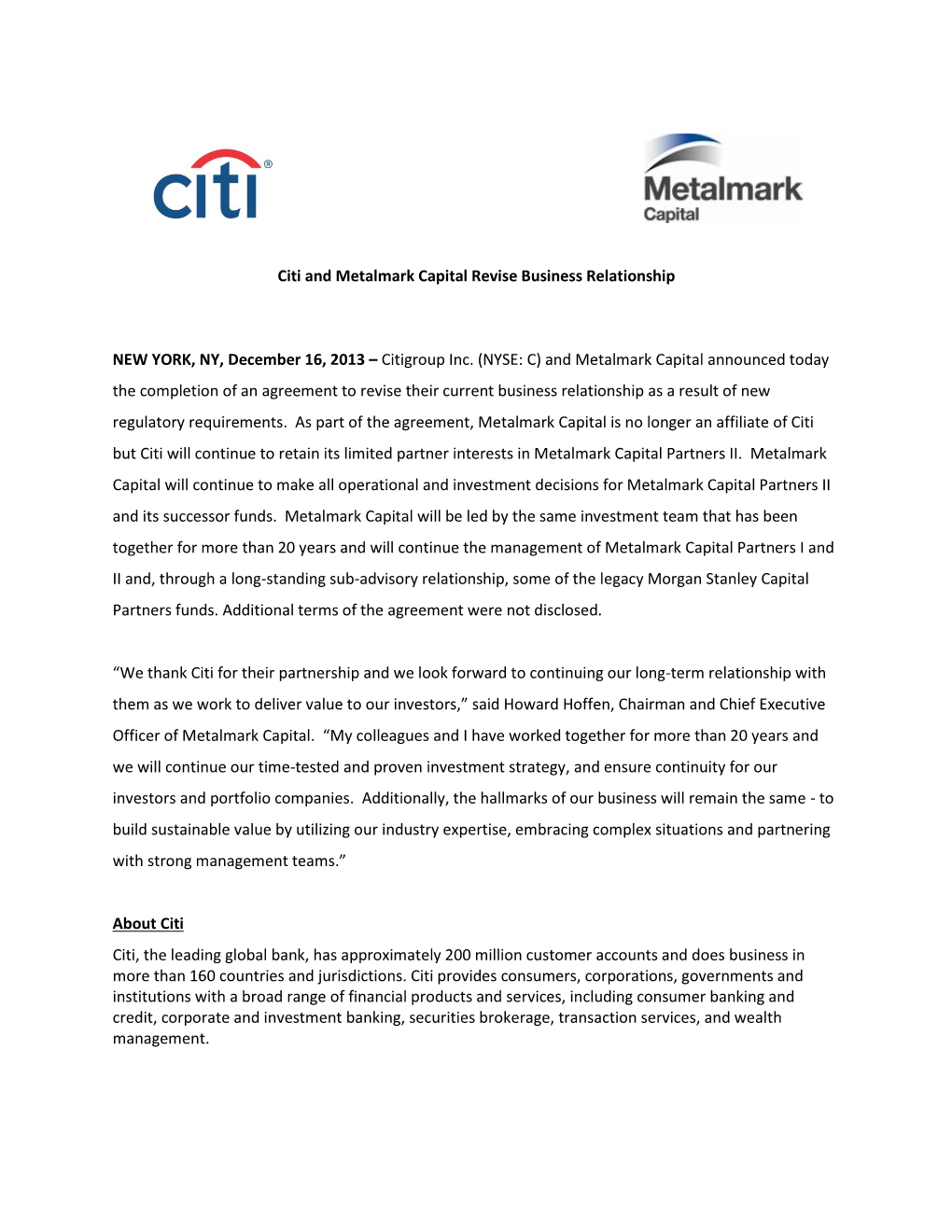 Citi and Metalmark Capital Revise Business Relationship NEW