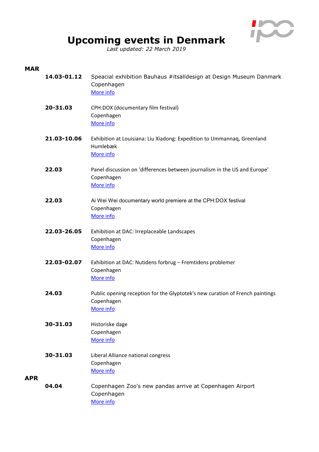 Upcoming Events in Denmark Last Updated: 22 March 2019