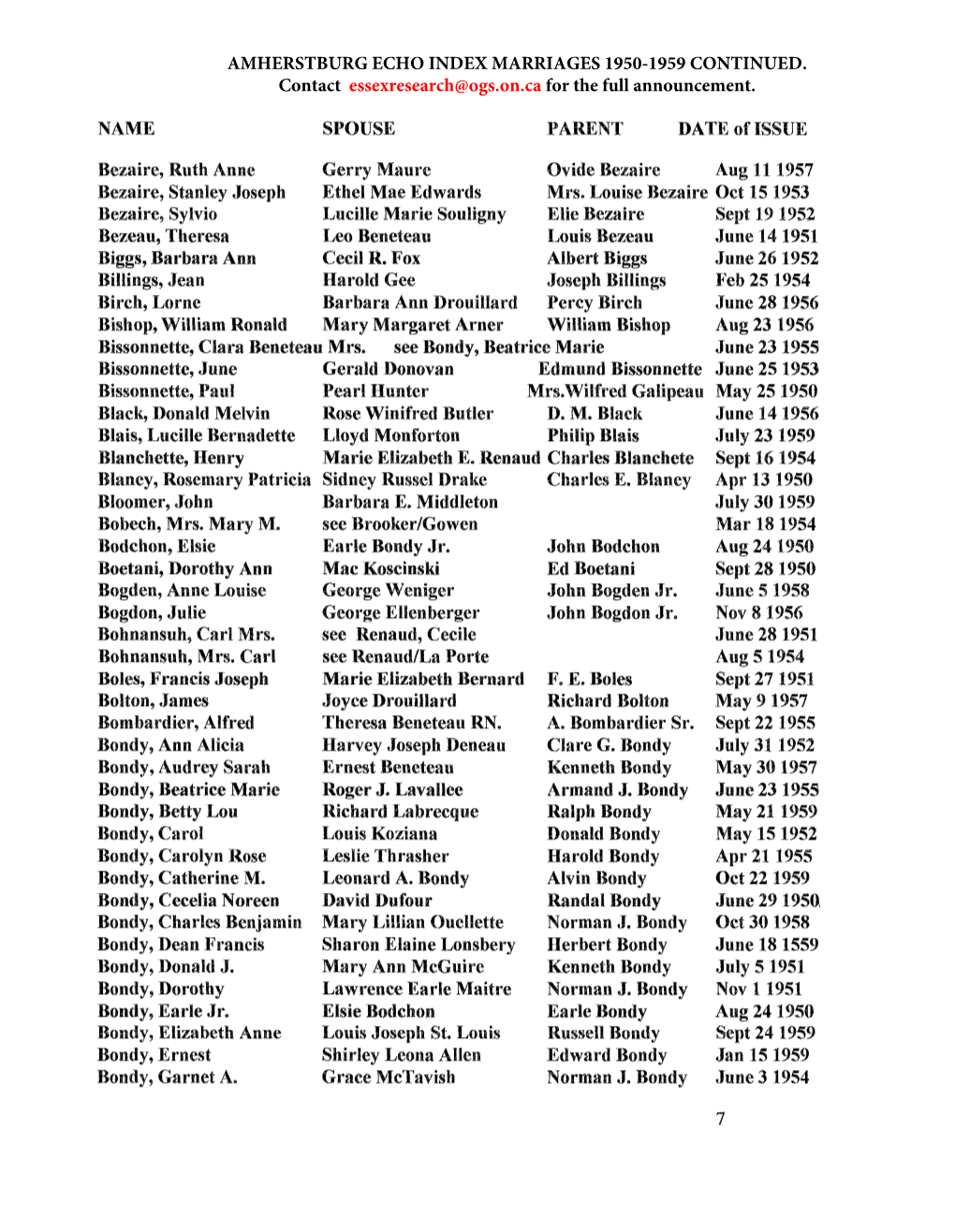 AMHERSTBURG ECHO INDEX MARRIAGES 1950-1959 CONTINUED. Contact Essexresearch@Ogs.On.Ca for the Full Announcement