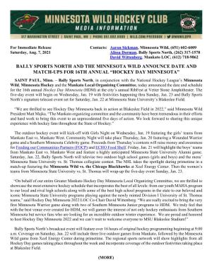 Bally Sports North and the Minnesota Wild Announce Date and Match-Ups for 16Th Annual “Hockey Day Minnesota”
