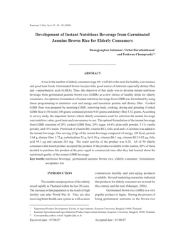 Development of Instant Nutritious Beverage from Germinated Jasmine Brown Rice for Elderly Consumers