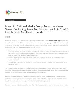 Meredith National Media Group Announces New Senior Publishing Roles and Promotions at Its SHAPE, Family Circle and Health Brands