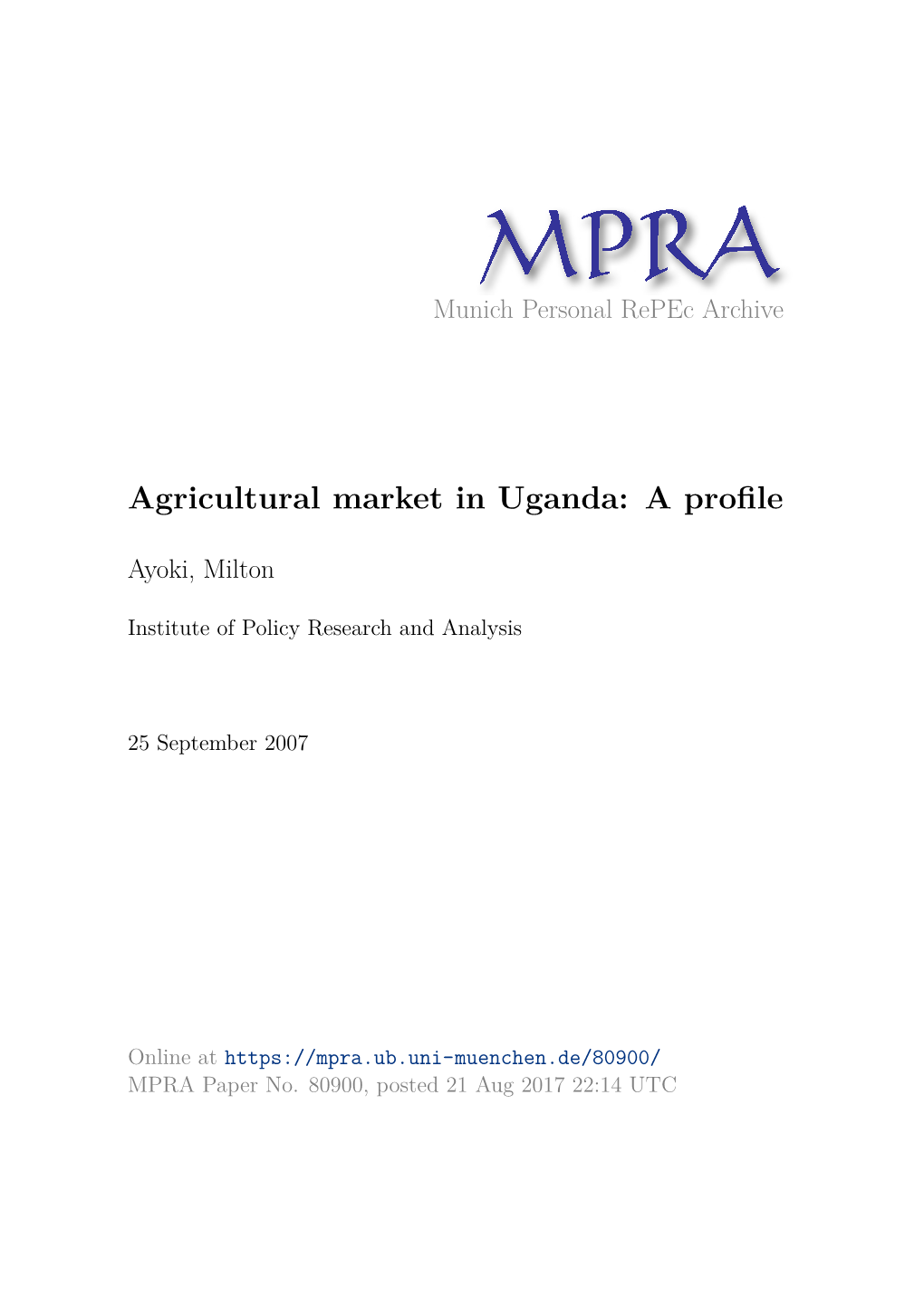 Agricultural Market in Uganda: a Proﬁle