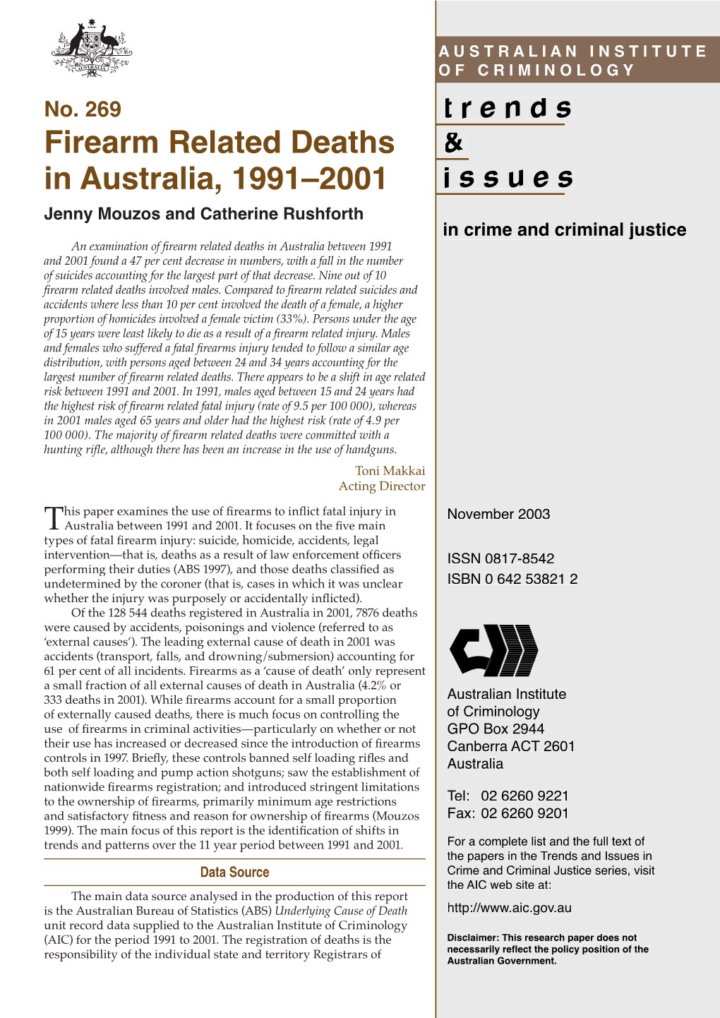 2003-11-01 Firearm Related Deaths in Australia, 1991-2001.Pdf