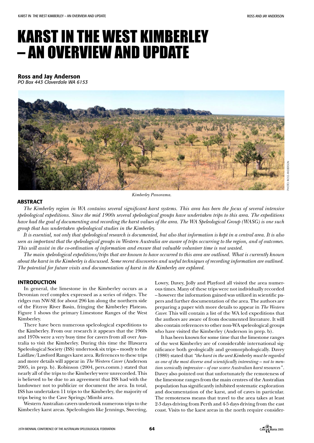 Karst in the West Kimberley – an Overview and Update Ross and Jay Anderson Karst in the West Kimberley – an Overview and Update