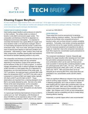 Cleaning Copper Beryllium at Room Temperature, Copper Beryllium Forms a Thin Tarnish Layer