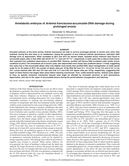 Ametabolic Embryos of Artemia Franciscana Accumulate DNA Damage During Prolonged Anoxia