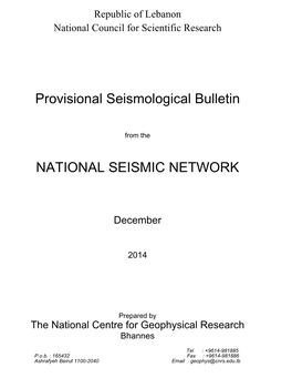 Provisional Seismological Bulletin NATIONAL SEISMIC