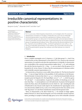 Irreducible Canonical Representations in Positive Characteristic