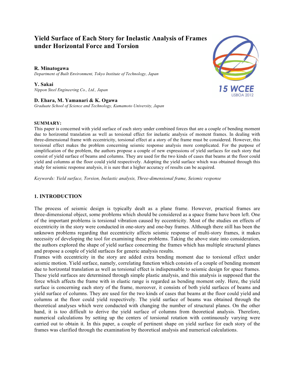 Yield Surface of Each Story for Inelastic Analysis of Frames Under Horizontal Force and Torsion