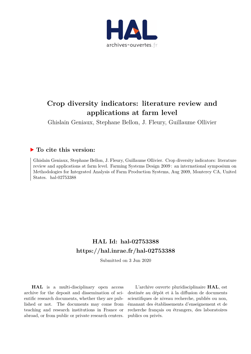 Crop Diversity Indicators: Literature Review and Applications at Farm Level Ghislain Geniaux, Stephane Bellon, J