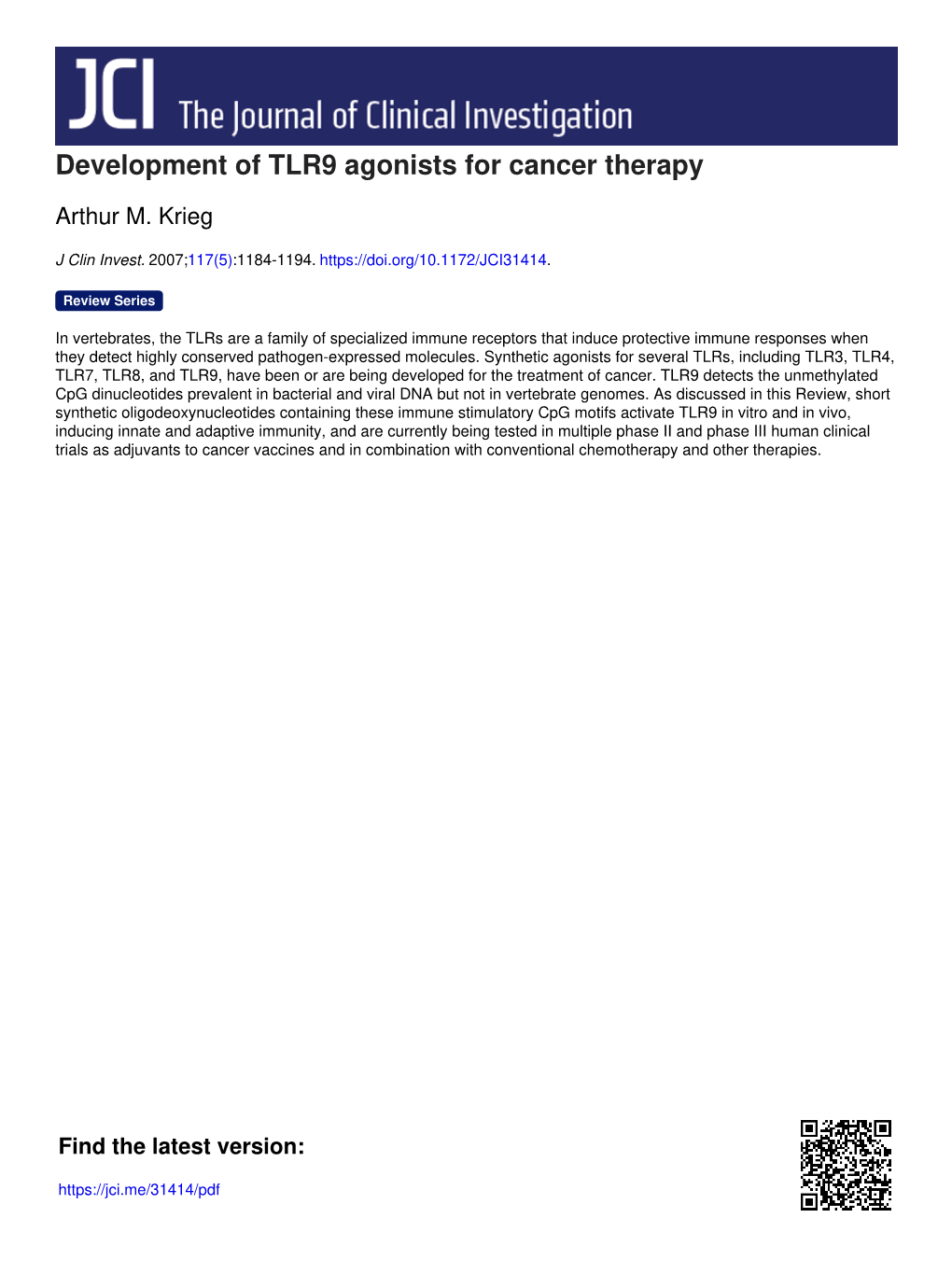 Development of TLR9 Agonists for Cancer Therapy