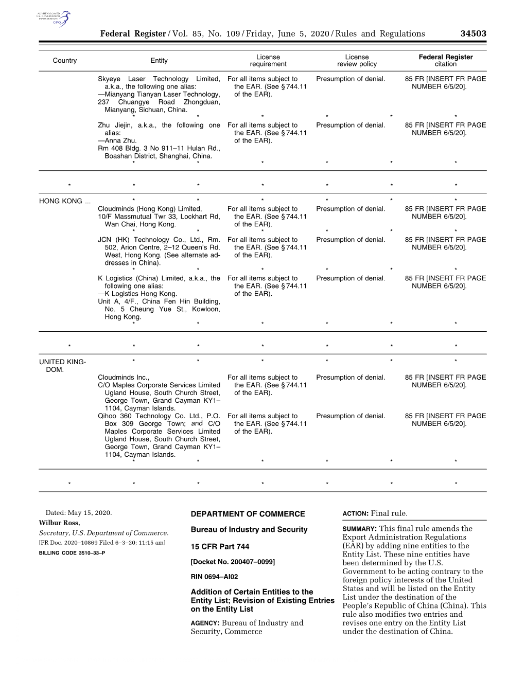 Federal Register/Vol. 85, No. 109/Friday, June 5, 2020/Rules and Regulations