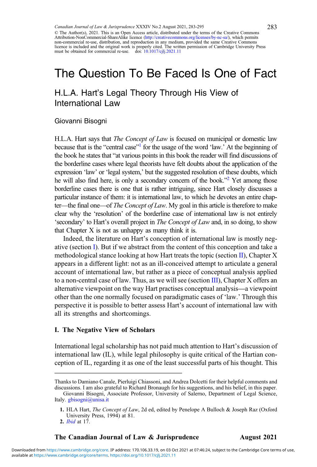 The Question to Be Faced Is One of Fact: H.L.A. Hart's Legal Theory
