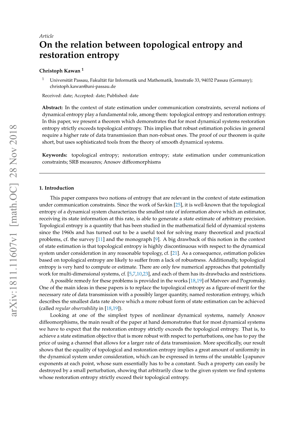 On the Relation Between Topological Entropy and Restoration Entropy