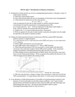1 051110 Quiz 7 Introduction to Polymers (Chemistry)