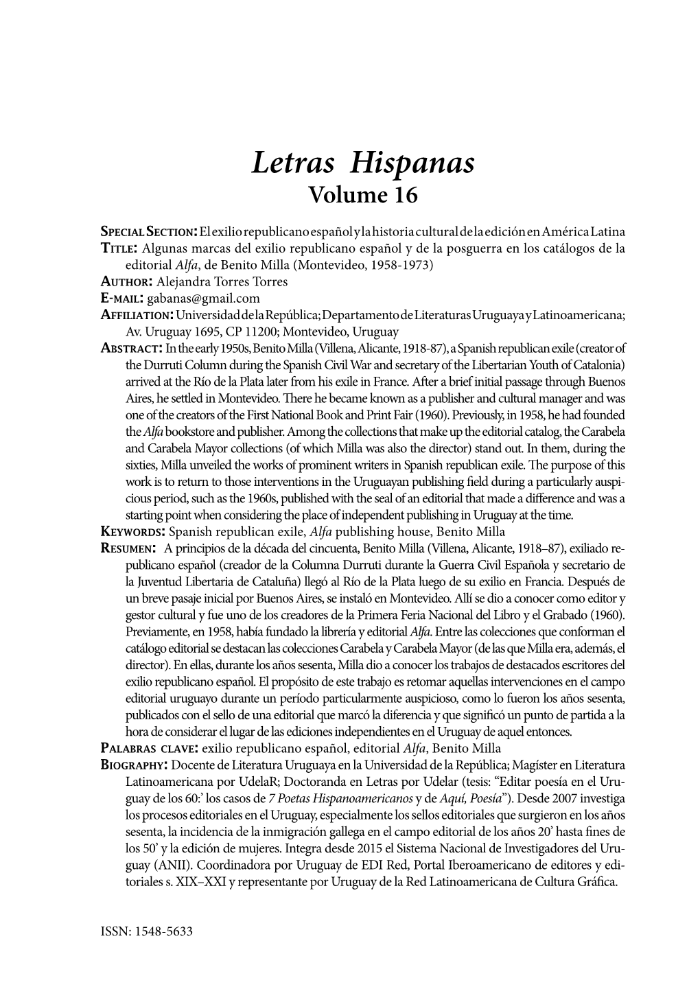 Letras Hispanas Volume 16