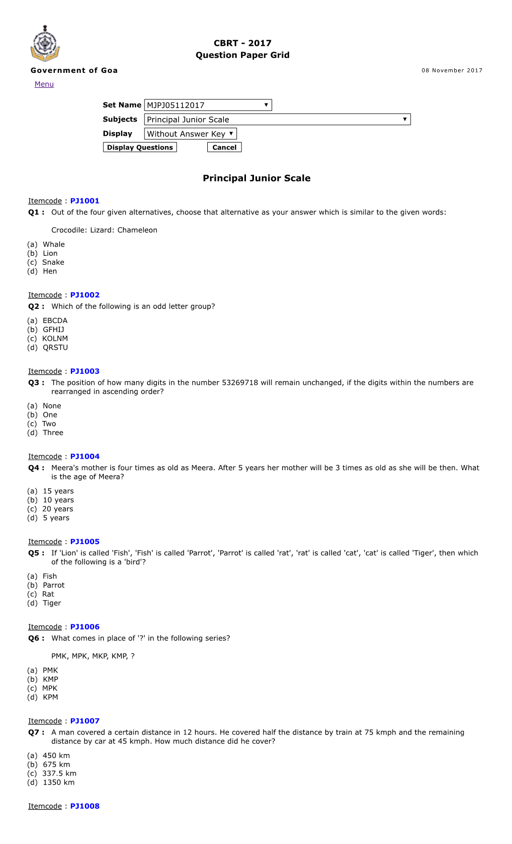 Junior Scale Display Without Answer Key Display Questions Cancel