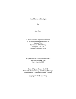 Franz Marc As an Ethologist by Jean Carey a Thesis Submitted in Partial
