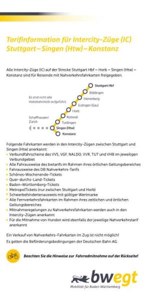 Tarifinformation Für Intercity-Züge (IC) Stuttgart – Singen (Htw) – Konstanz