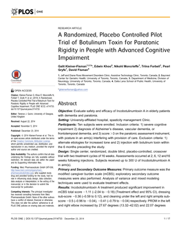 A Randomized, Placebo Controlled Pilot Trial of Botulinum Toxin for Paratonic Rigidity in People with Advanced Cognitive Impairment