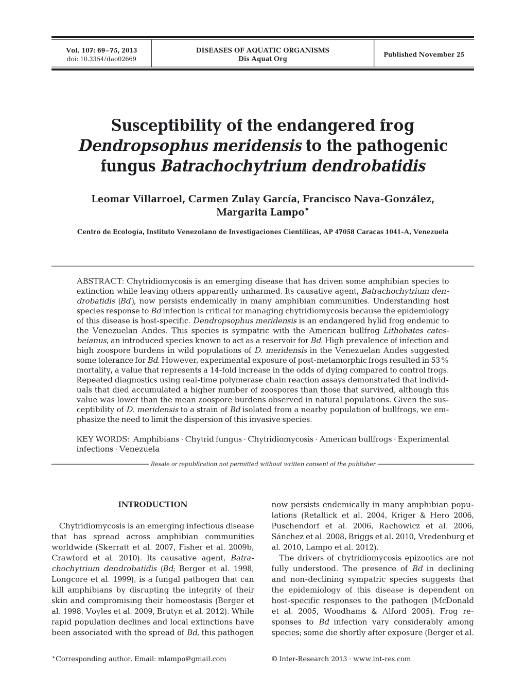 Susceptibility of the Endangered Frog Dendropsophus Meridensis to the Pathogenic Fungus Batrachochytrium Dendrobatidis
