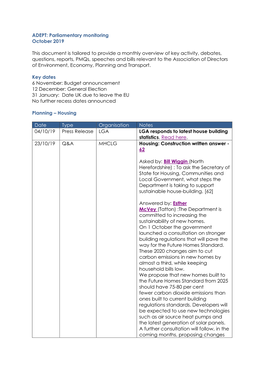 Parliamentary Monitoring October 2019 This Document Is