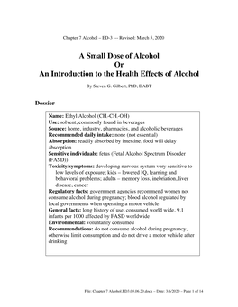 A Small Dose of Alcohol Or an Introduction to the Health Effects of Alcohol