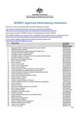 NHMRC Administering Institutions List