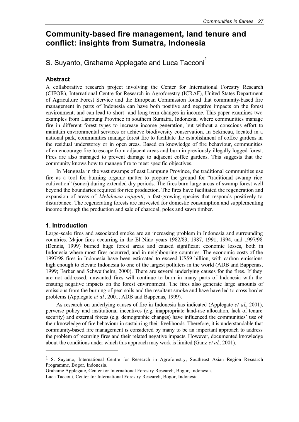 Community-Based Fire Management, Land Tenure and Conflict: Insights from Sumatra, Indonesia