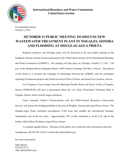 October 11 Public Meeting to Discuss New Wastewater Treatment Plant in Nogales, Sonora and Flooding at Douglas-Agua Prieta
