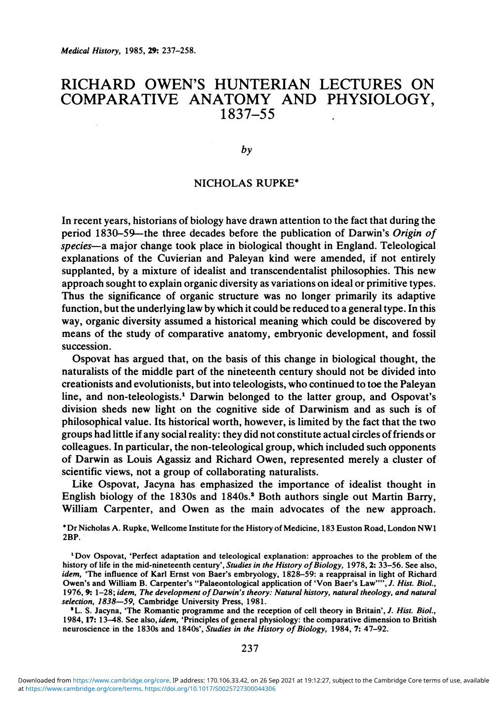 Richard Owen's Hunterian Lectures on Comparative Anatomy and Physiology, 1837-55