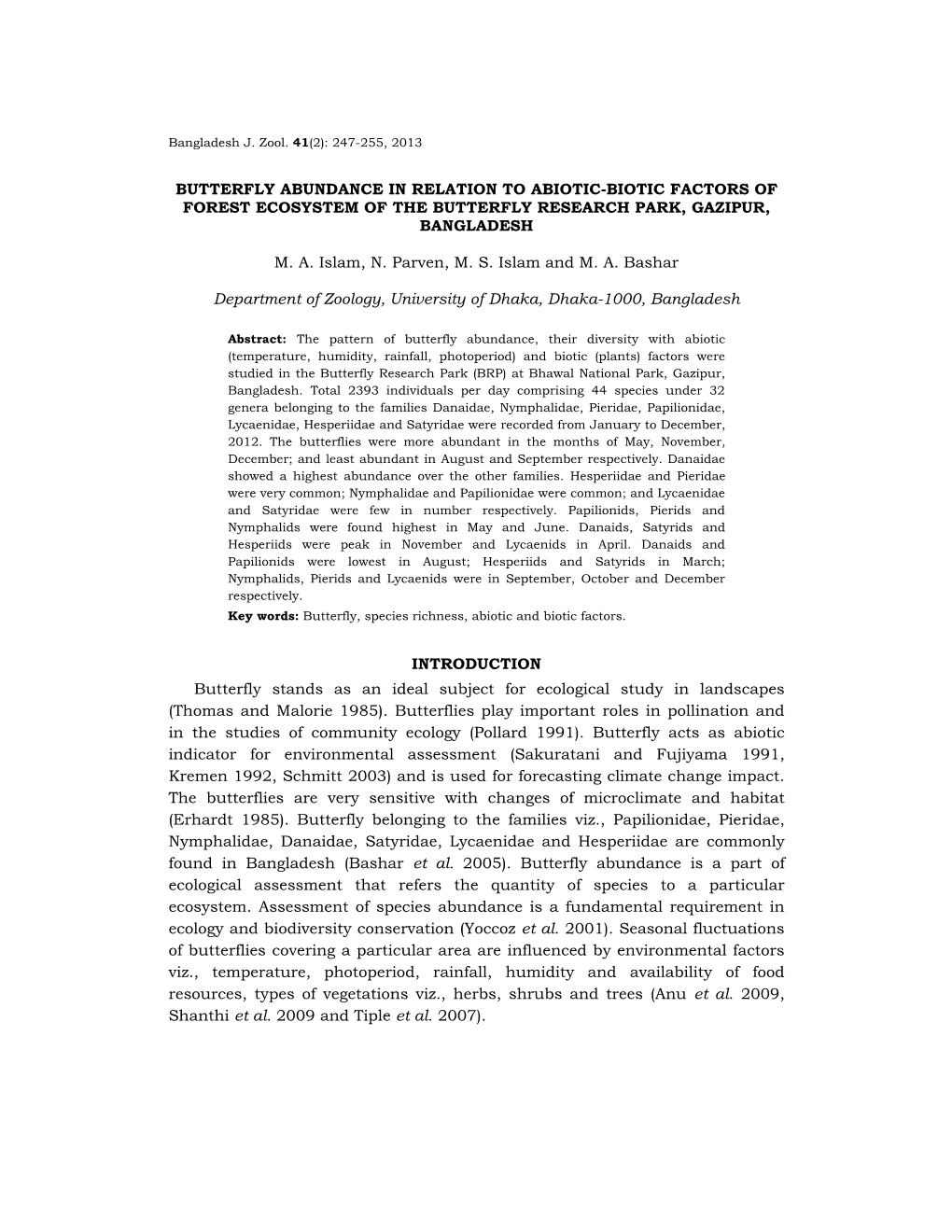 Butterfly Abundance in Relation to Abiotic-Biotic Factors of Forest Ecosystem of the Butterfly Research Park, Gazipur, Bangladesh