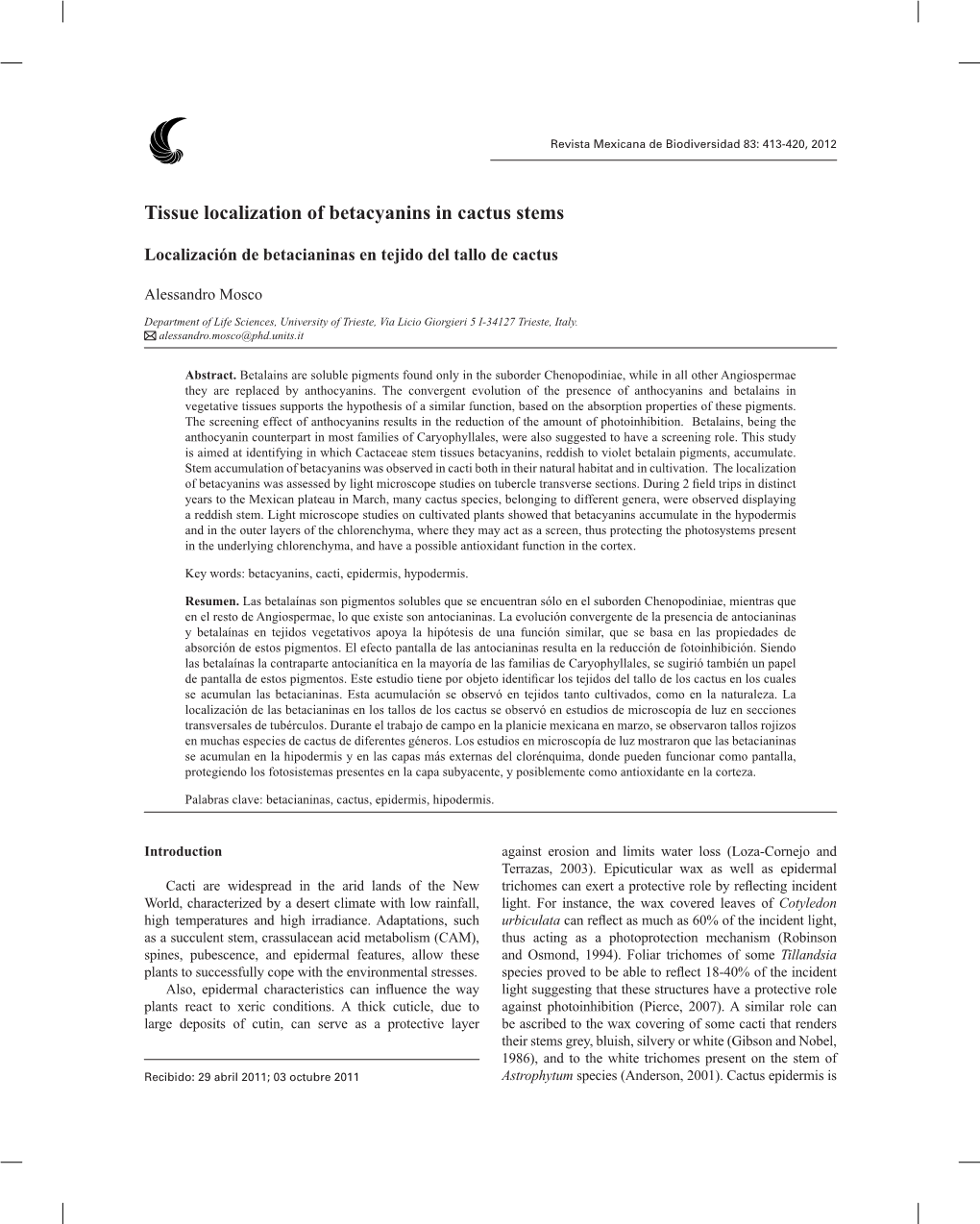 Tissue Localization of Betacyanins in Cactus Stems