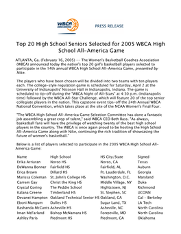 Top 20 High School Seniors Selected for 2005 WBCA High School All-America Game 2004-05 021605
