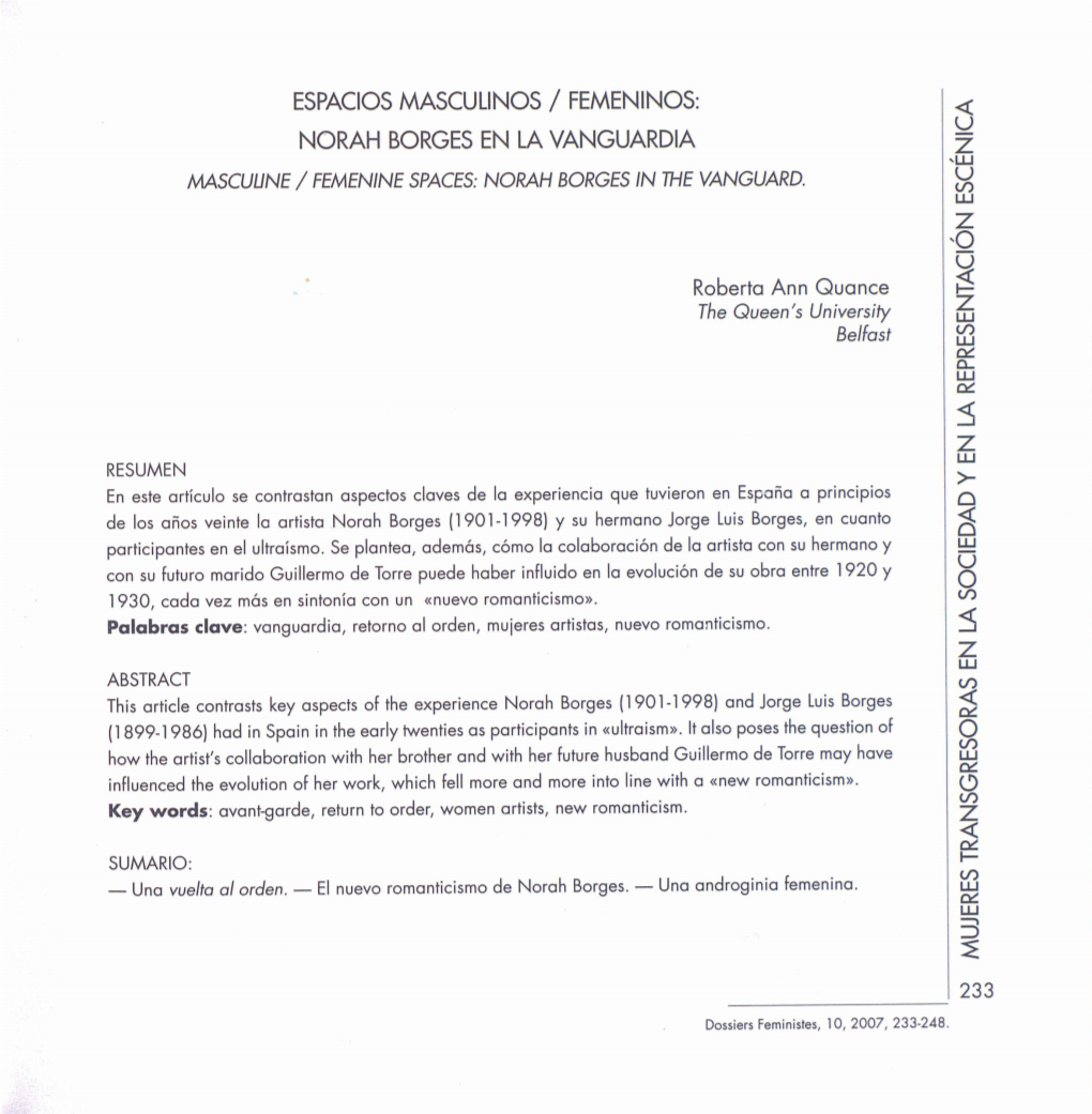ESPACIOS MASCULINOS / FEMENINOS: NORAH BORGES EN LA VANGUARDIA MASCUUNE / Femenlne SPACES: NORAH BORGES in 7HE VANGUARD