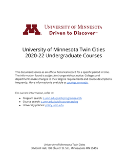 University of Minnesota Twin Cities 2020-22 Undergraduate Courses