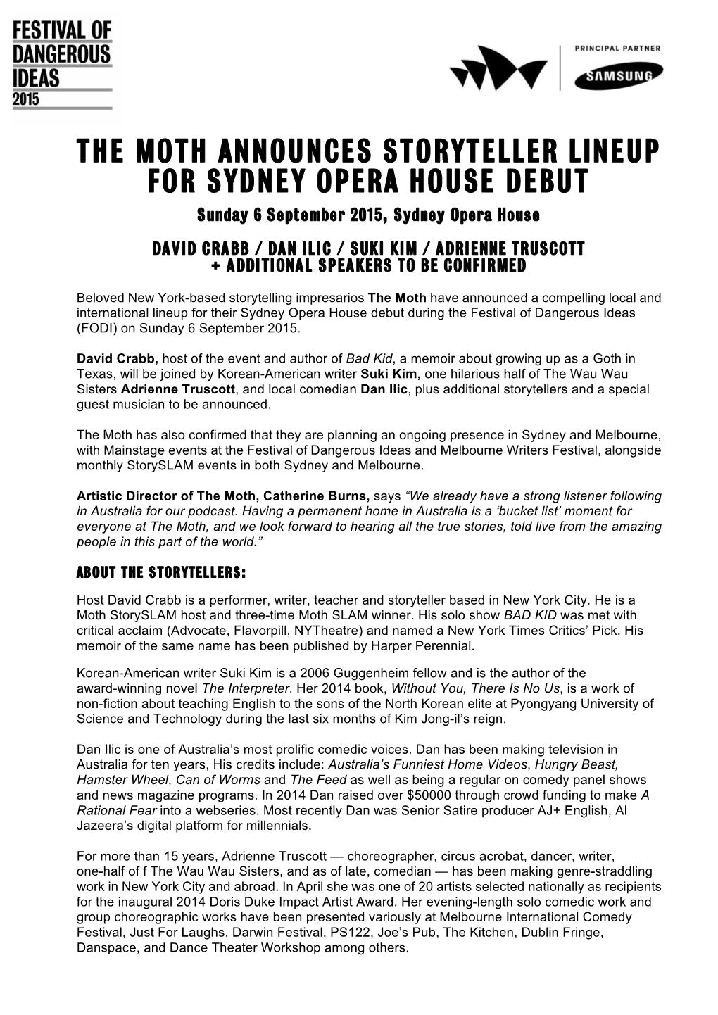 The Moth Announces Storyteller Lineup for Sydney Opera House Debut