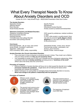 What Every Therapist Needs to Know About Anxiety Disorders and OCD October 26, 2019 - Sally Winston Psyd – MDDCSAM Presentation Slide Deck Outline