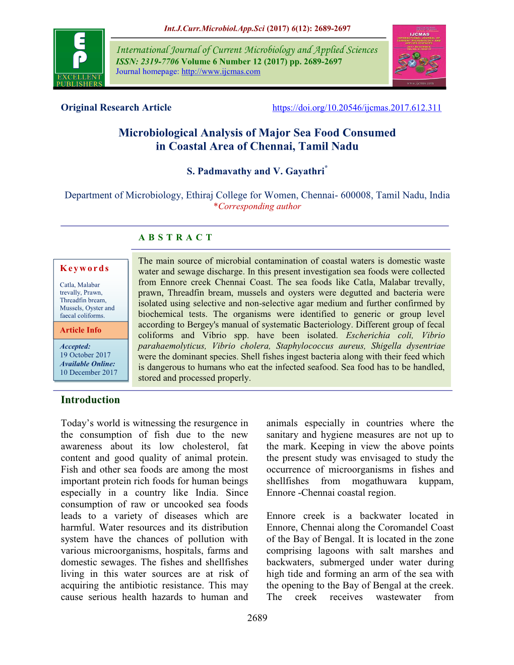 Microbiological Analysis of Major Sea Food Consumed in Coastal Area of Chennai, Tamil Nadu