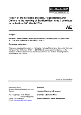 Report of the Strategic Director, Regeneration and Culture to the Meeting of Bradford East Area Committee to Be Held on 20 Th March 2014