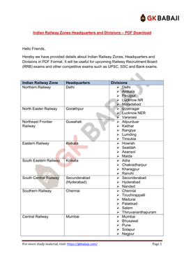 Indian Railway Zones Headquarters and Divisions – PDF Download