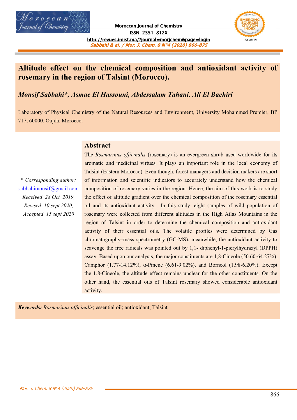 Altitude Effect on the Chemical Composition and Antioxidant Activity of Rosemary in the Region of Talsint (Morocco)