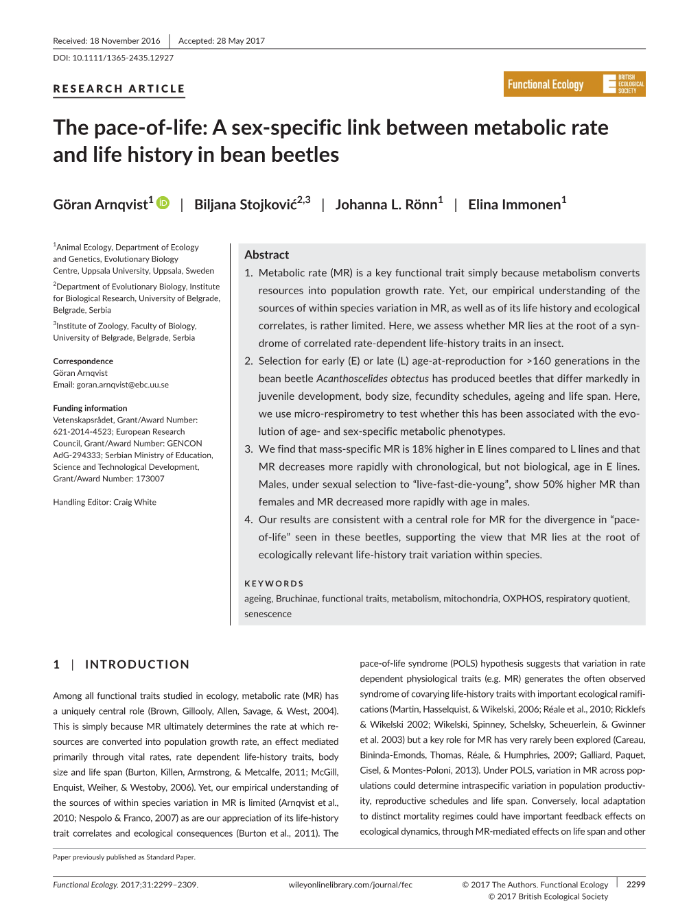 Specific Link Between Metabolic Rate and Life History in Bean Beetles