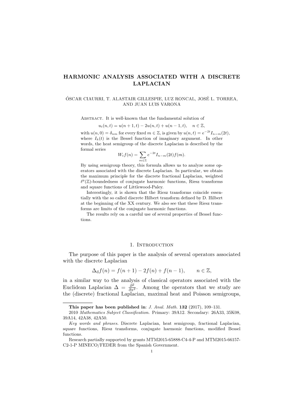 Harmonic Analysis Associated with a Discrete Laplacian