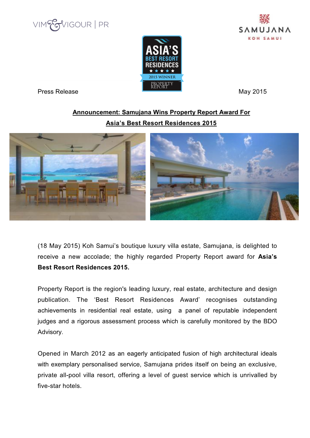 Samujana Wins Property Report Award for Asia's Best Resort