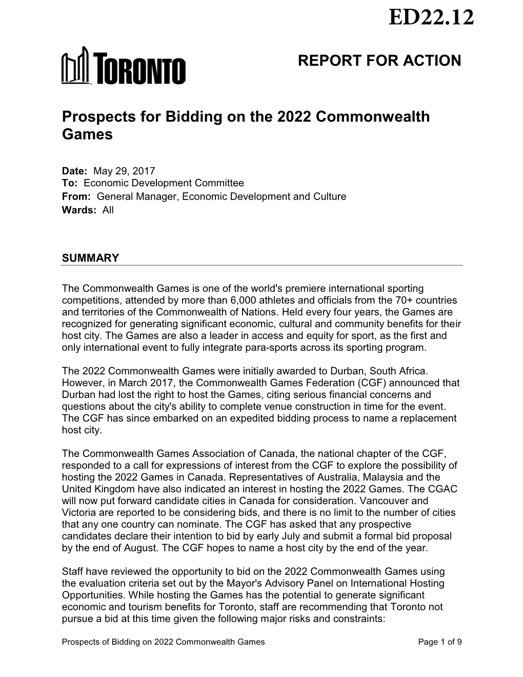 Prospects for Bidding on the 2022 Commonwealth Games