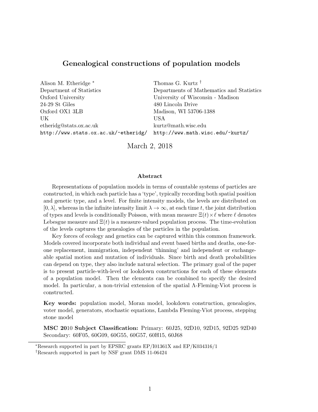 Genealogical Constructions of Population Models March 2, 2018