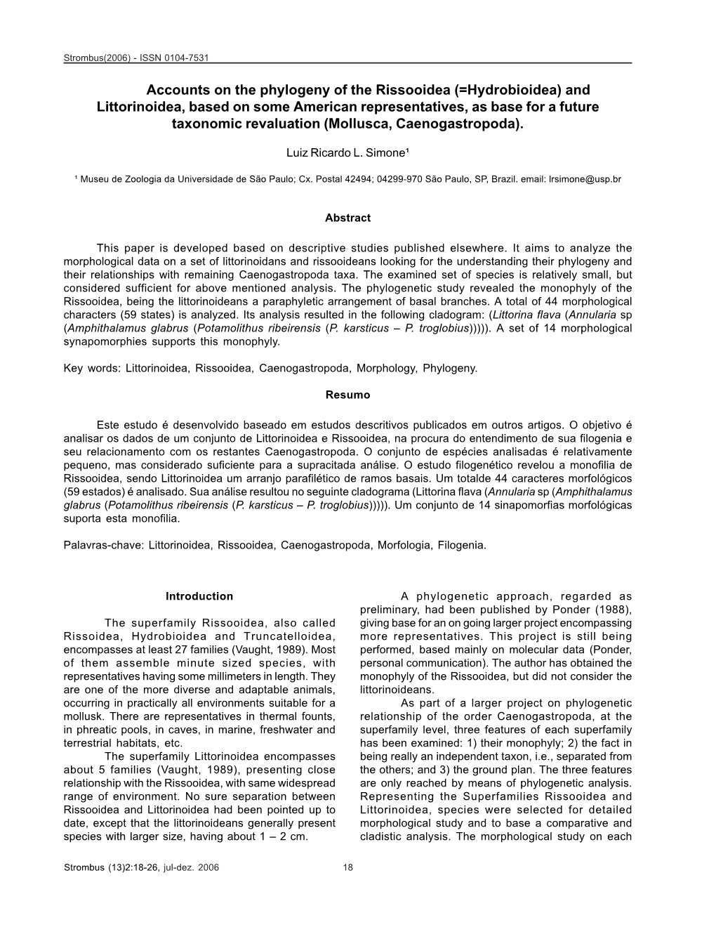 Accounts on the Phylogeny of the Rissooidea (=Hydrobioidea)